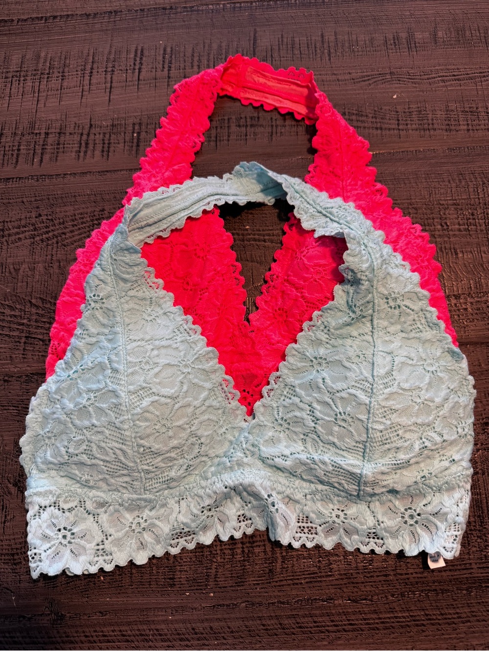 Aeropostale Lace Halter Bralette in Light Blue & Coral Pink Size Large
